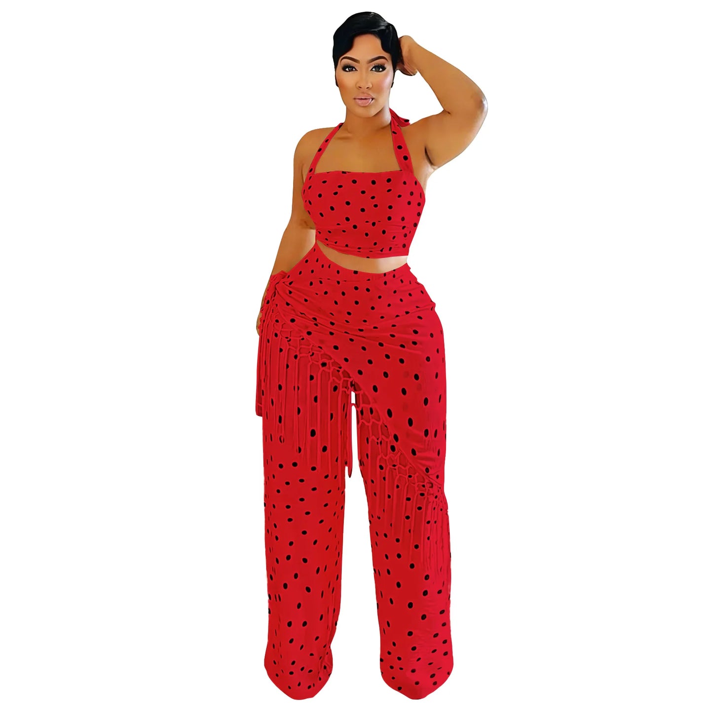 Polka Dot Print Halter Crop Top Tassel Fringe Two Piece Outfit for Women