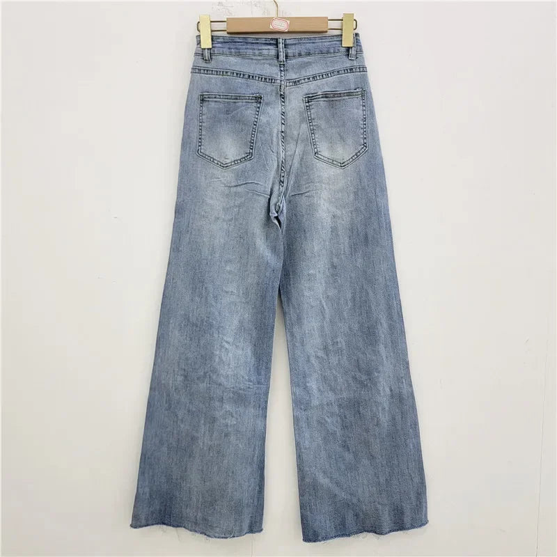Fashion Women's Jeans High Waist Embroidery Flowers Burrs Edge Straight Wide Leg Denim Pants New 2025 Summer Street Trousers