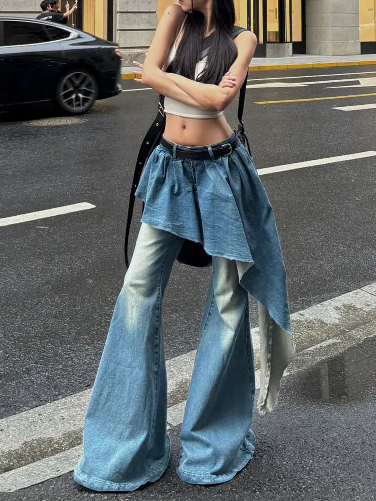 Y2K European and American Retro Washed Design Splicing Fake Two-piece Blue Jeans Women's Popular Loose Sexy Bell-bottom Pants