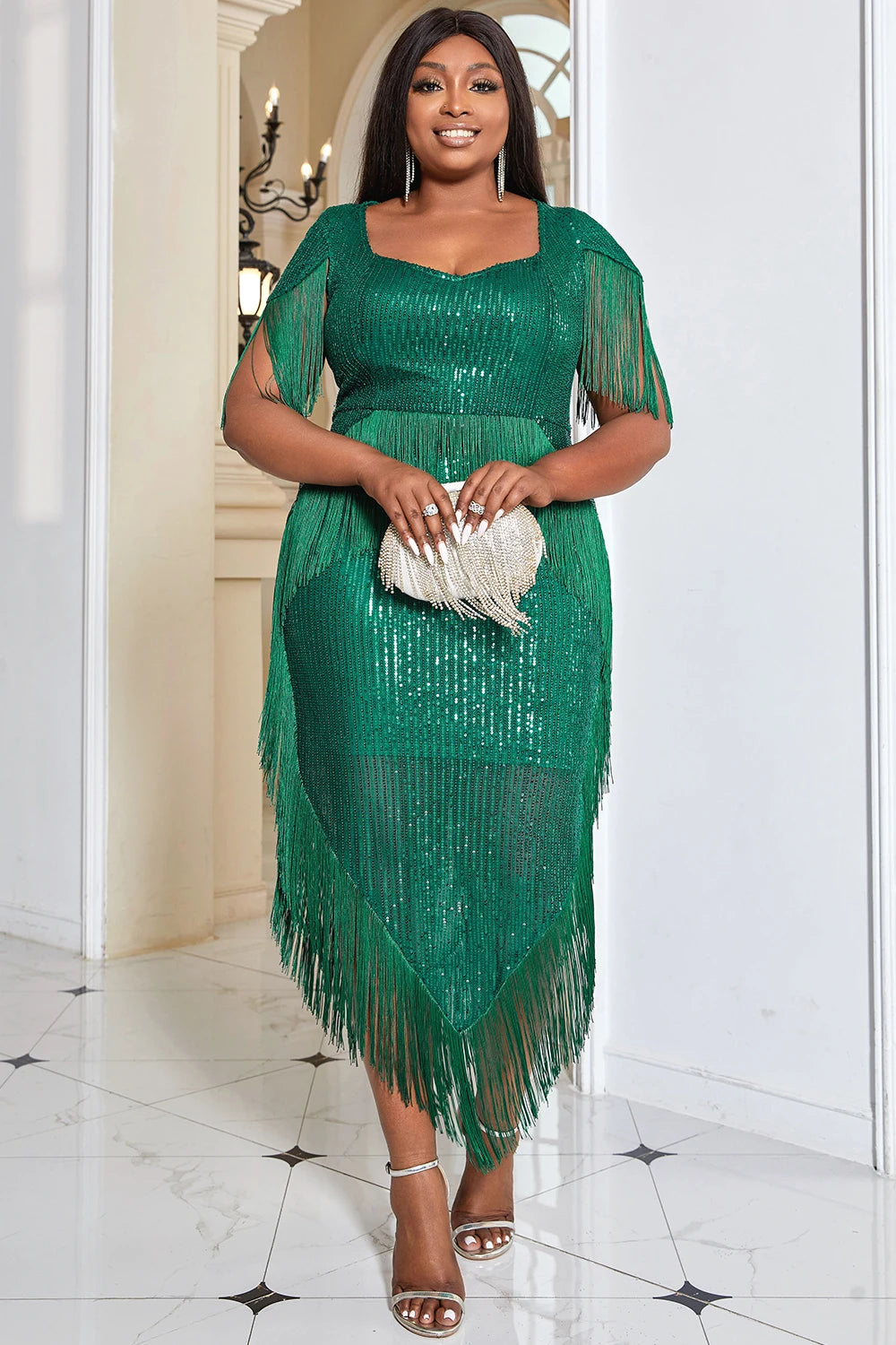 Plus Size Green Semi Formal Short Sleeve Sequin Fringe Asymmetrical Elegant Midi Dresses
