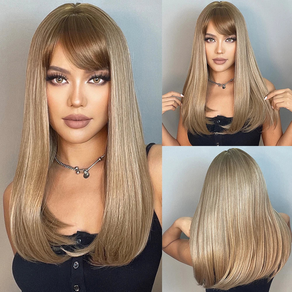 Long Straight Heat Resistant Synthetic Wig With Bangs for Women