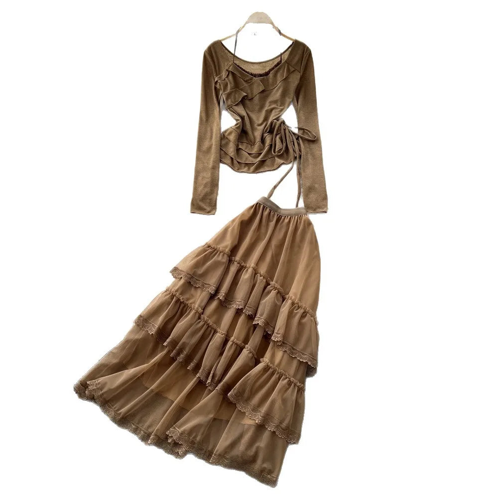 Elegant Mesh Ruffle Hem Halter Neck Dress Set for Women