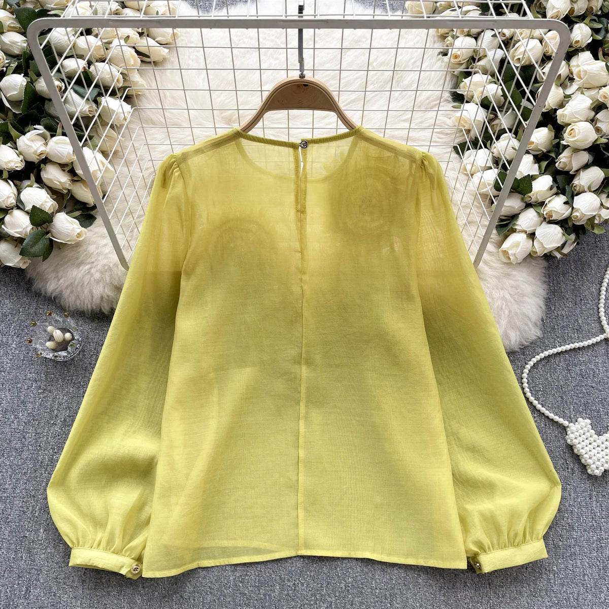 Sheer Floral Bohemian Long Sleeve Satin Blouse for Women