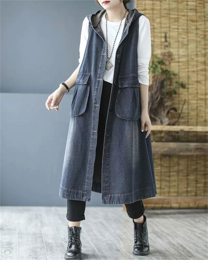 Loose Fit Hooded Denim Vest With Big Pockets For Women