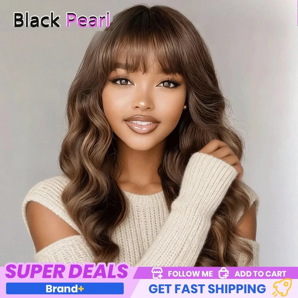 Brown Highlight Body Wave Human Hair Wig With Bangs For Women
