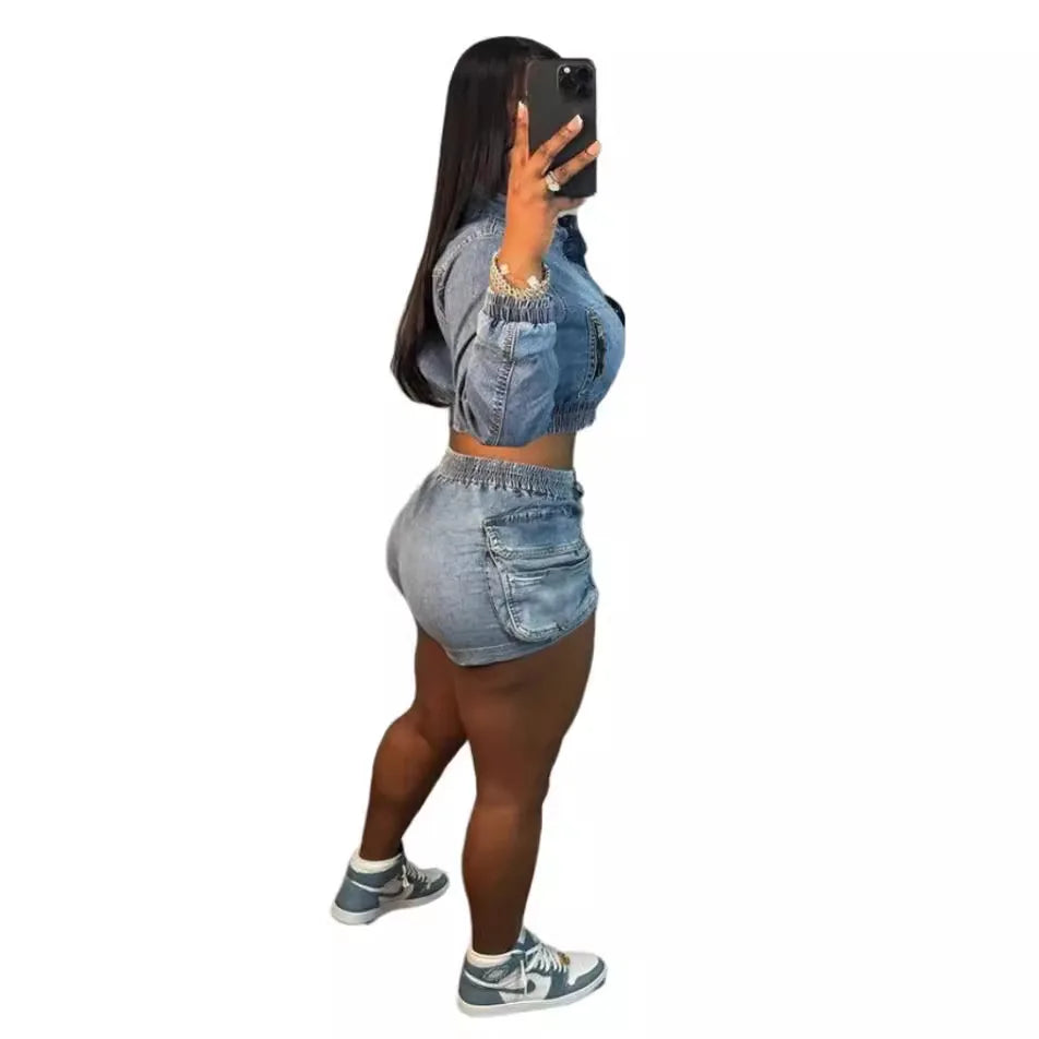 Summer Stretch Two-Piece Denim Shorts Set for Women