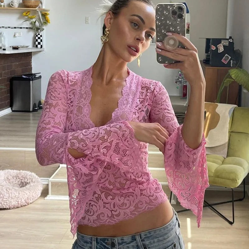 Aesthetic Lace Top Women Sexy Clothing See Through Deep V Neck Flared Long Sleeve T Shirts Party Clothes Clubwear