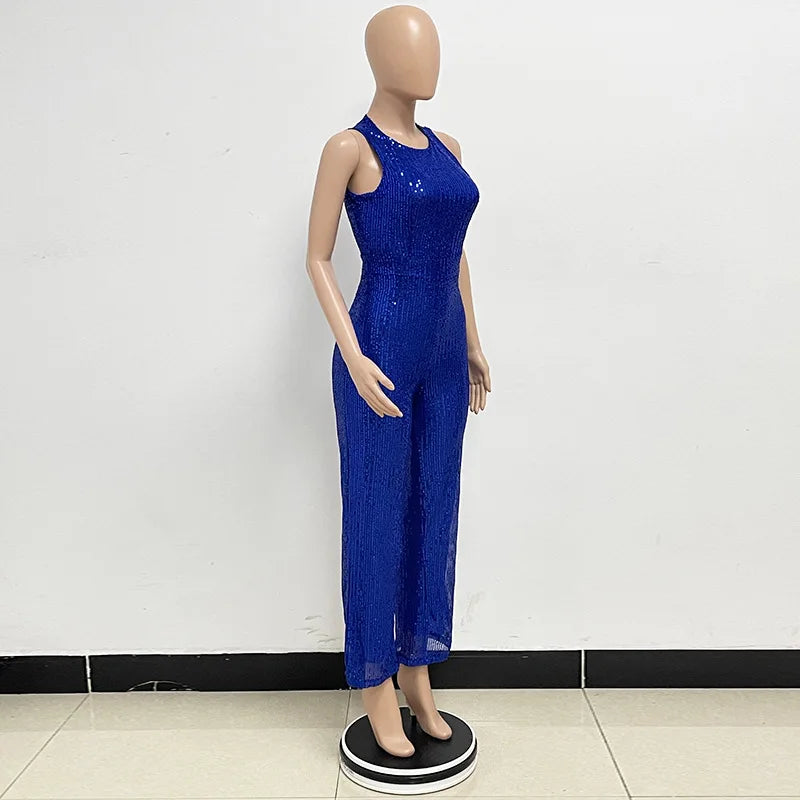 Elegant Silver Sequined Straight Cut Jumpsuit for Women