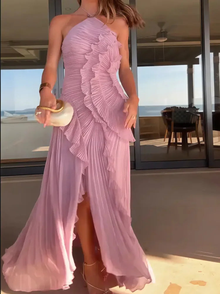 Chic Pleated Halter Neck Long Vacation Dress High Quality Purple Strapless Lotus Edge Maxi Dress 2025 New Lady Vacation Gown
