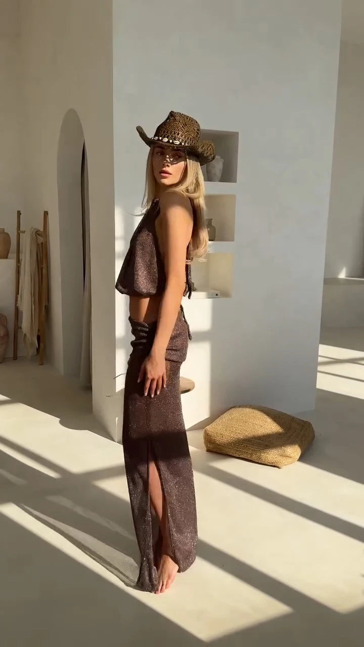 Sexy Knit Sets See-through Backless Lace-up Top Beach Half Skirt Two-piece Swimsuit Cover Up 2025 Summer Women Party Outfit K167