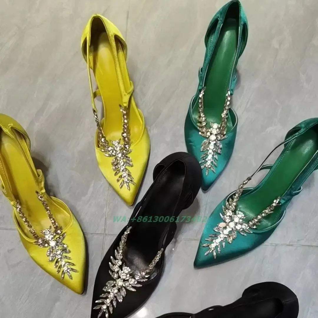 Satin Rhinestone Pointed Toe Stiletto Pumps For Women