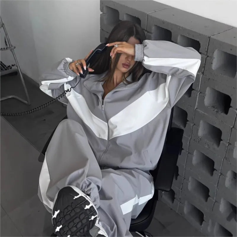 Casual Contrast Color Zipper Tracksuit Set for Women