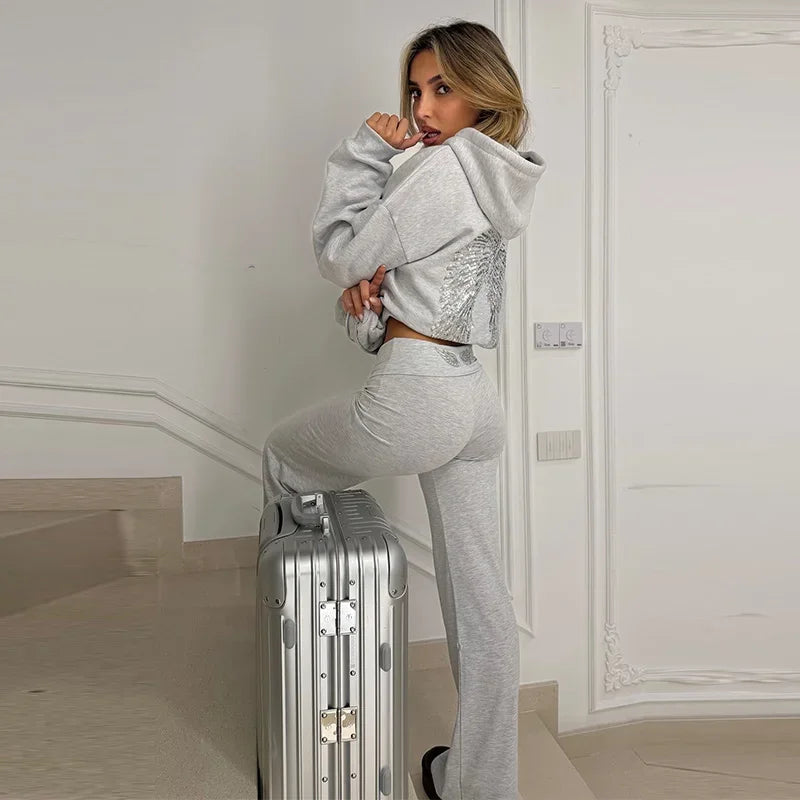 Sequin Wing Design Hooded Sweatshirt Pants Set For Women