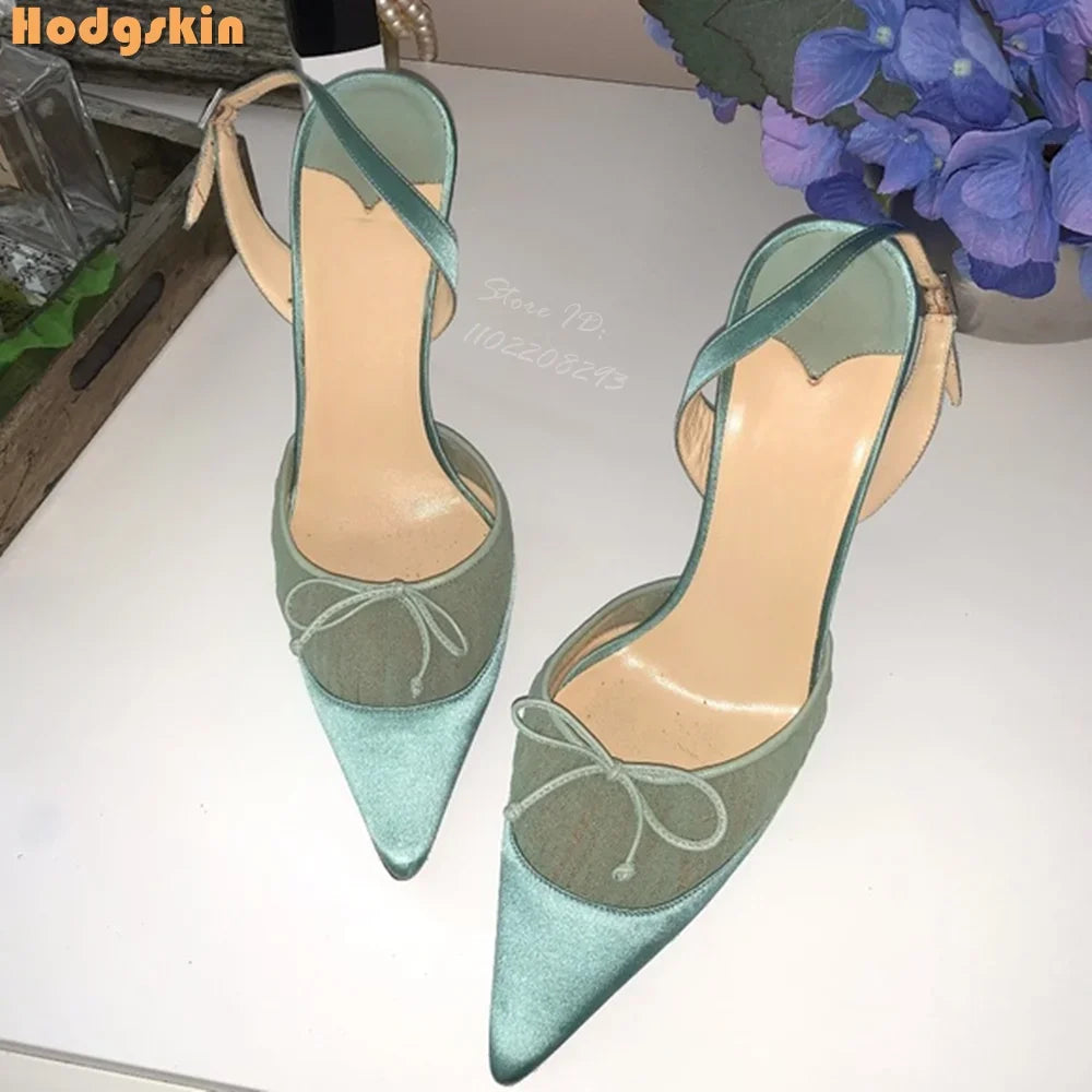 Butterfly Knot Satin Pointed Toe Pumps With Thin Heels for Women