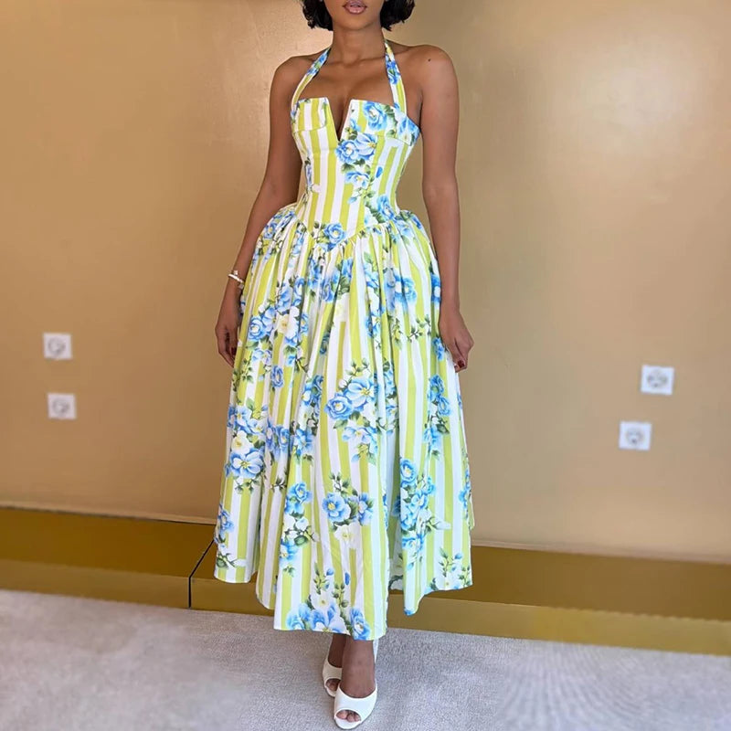 Women Elegant Backless Waist Vacation Dresses Sweet Style Floral Print Formal Party Dress Sexy Halter Sleeveless Bohe Long Dress