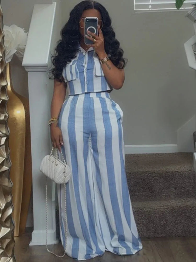 Striped Two Piece Shirt And Wide Leg Pants Set for Women