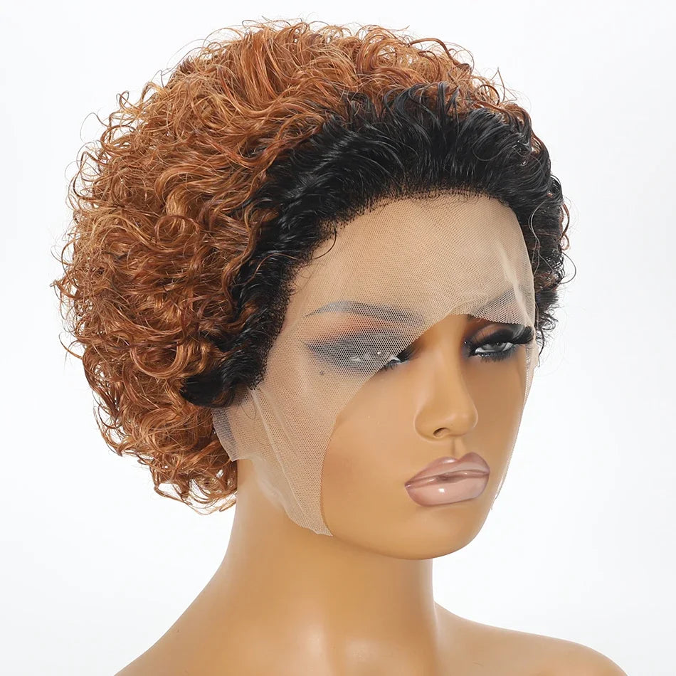 Water Curly Pixie Cut Human Hair Lace Front Wig for Women