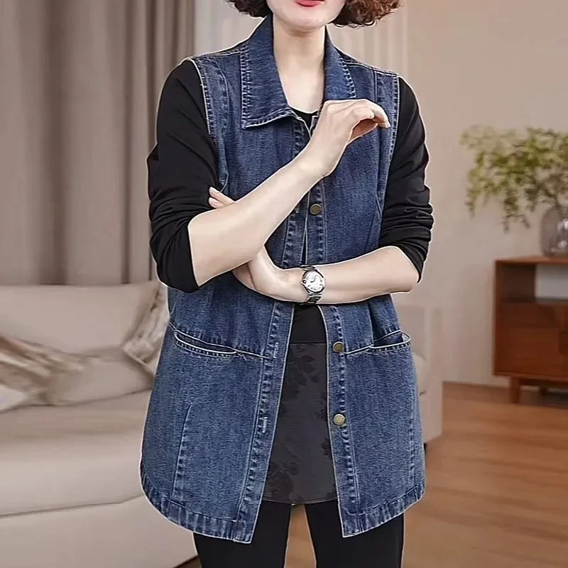 Lightweight Loose Denim Vest With Button Closure For Women