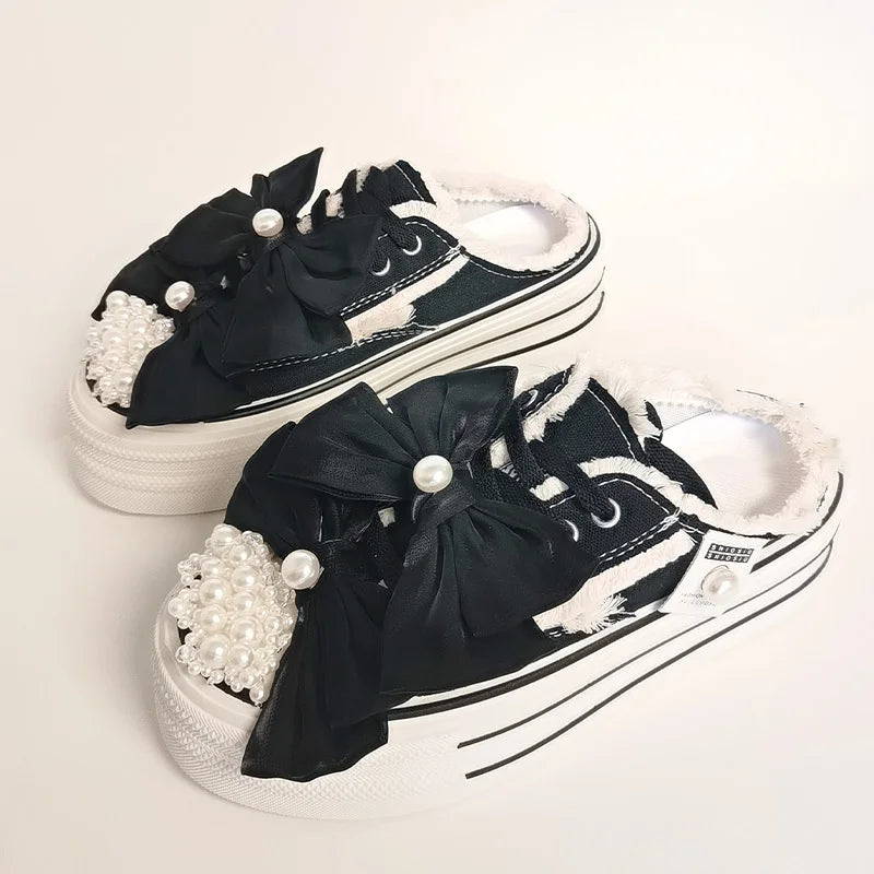 Shiny Sequined Pearl Stud Canvas Slippers for Women