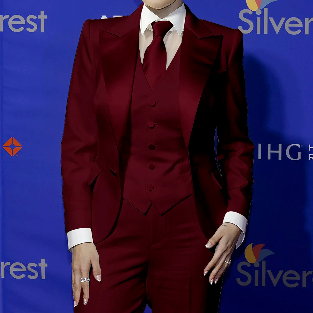 White Satin Lapel Tailored Three Piece Suit Set For Women