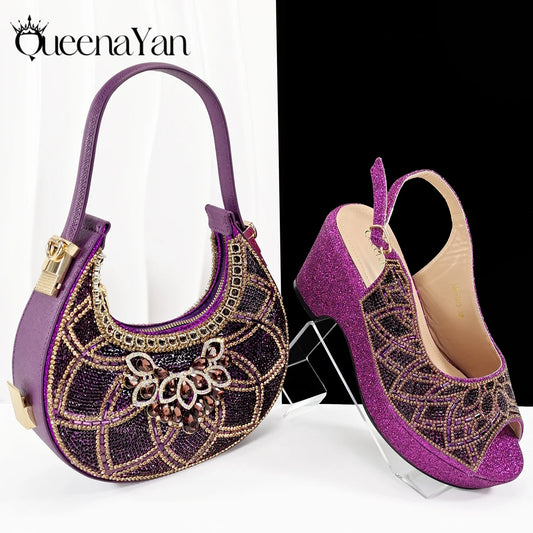 Queena Yan 2025 Italian design full rhinestone detailing comfort platform heels and matching bag Women's Fashion Peep Toe Shoes