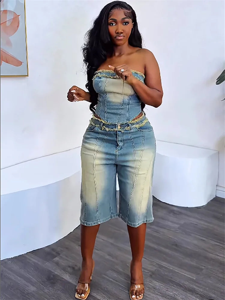 Weird Puss Cowboy 2 Piece Set Women Vintage Hipster Wrap Zip Backless Tube Tops+Button Straight Shorts Sexy Summer Matching Suit