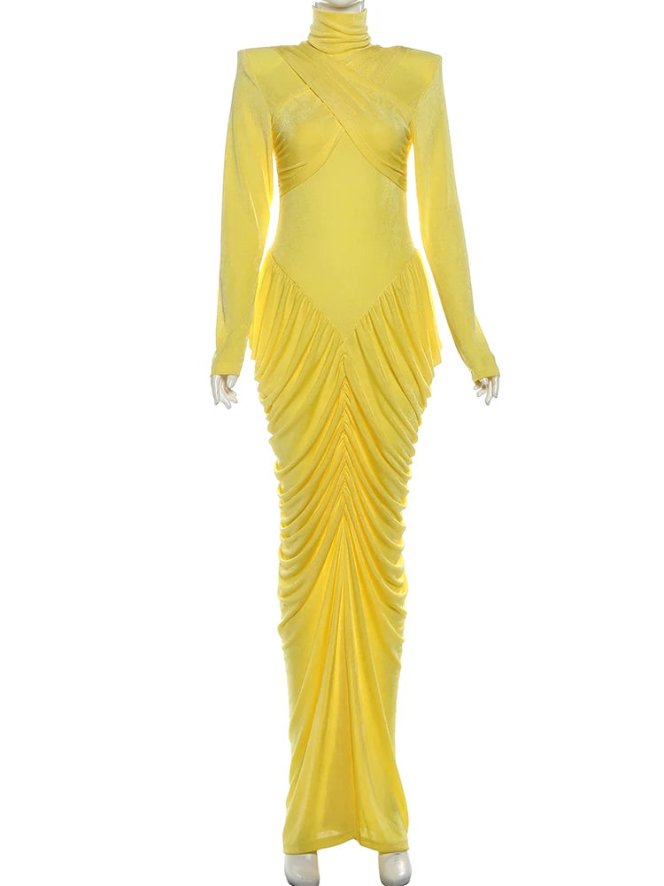 Elegant Ruched Backless Turtleneck Maxi Dress for Women