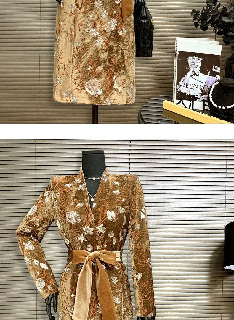 Golden Velvet Adjustable Waist Windbreaker Coat Autumn/Winter New English style Luxury Sequin Embroidered Women's Coat