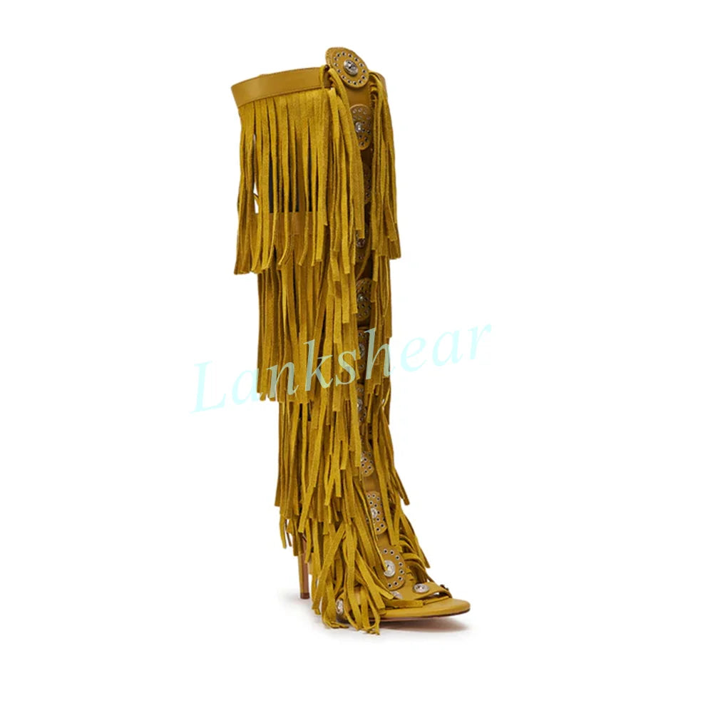 Mustard Yellow Suede Fringe Knee High Gladiator Sandals for Women