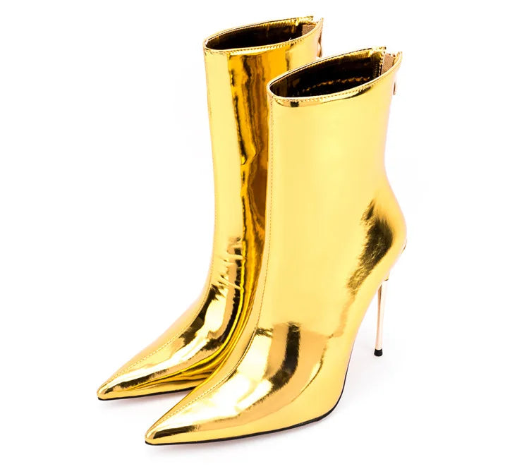 Shiny Blue Mirror Stiletto Boots with Side Zipper for Women