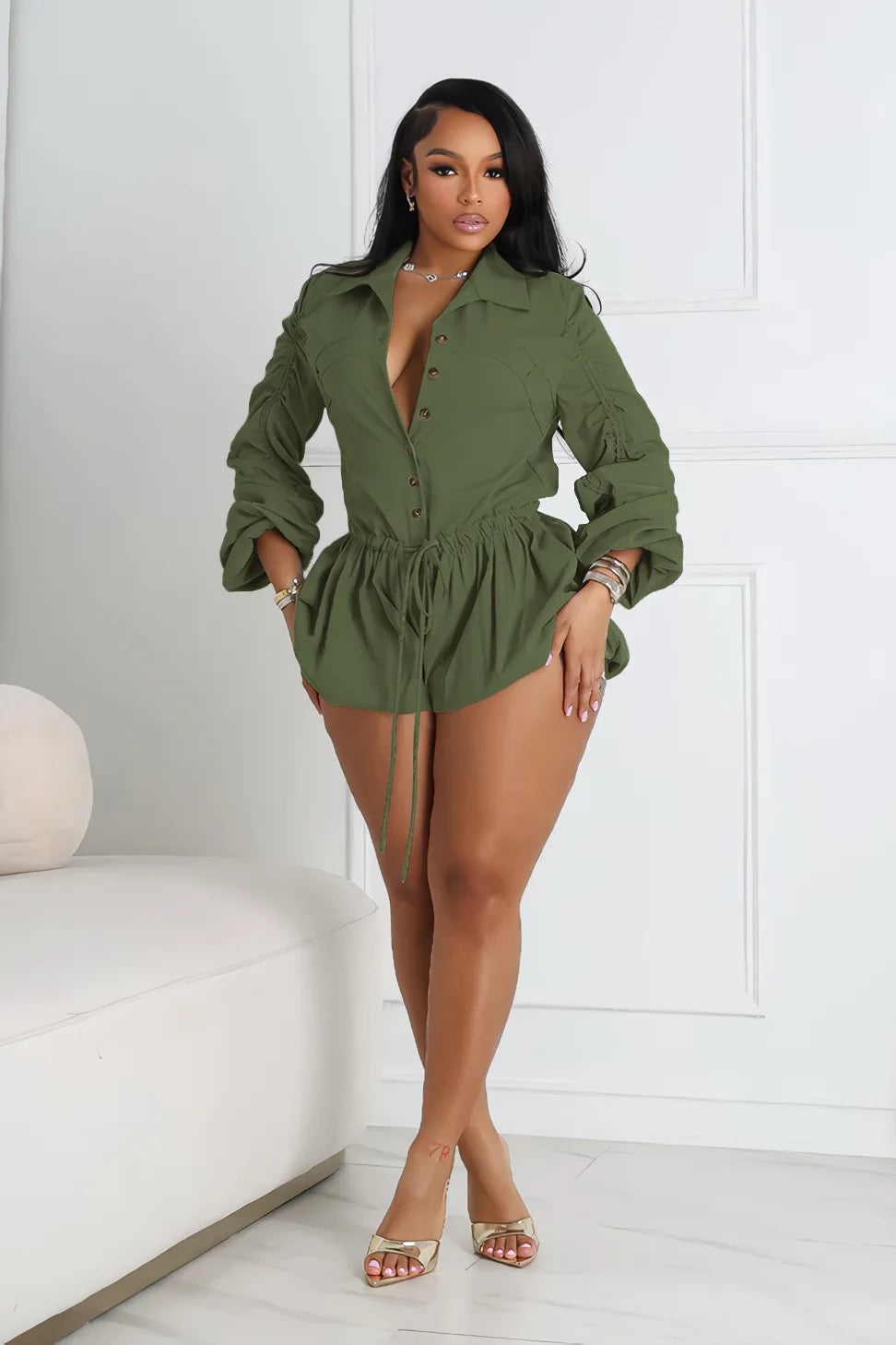 Elegant Ruched Drawstring Lantern Sleeve Romper for Women