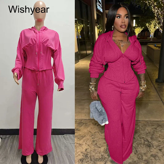 Autumn Solid Color Hooded Sweatshirt Coat Tops and Wide leg pants 2-Piece Sporty trousers Set Women's Winter Tracksuit Elegant