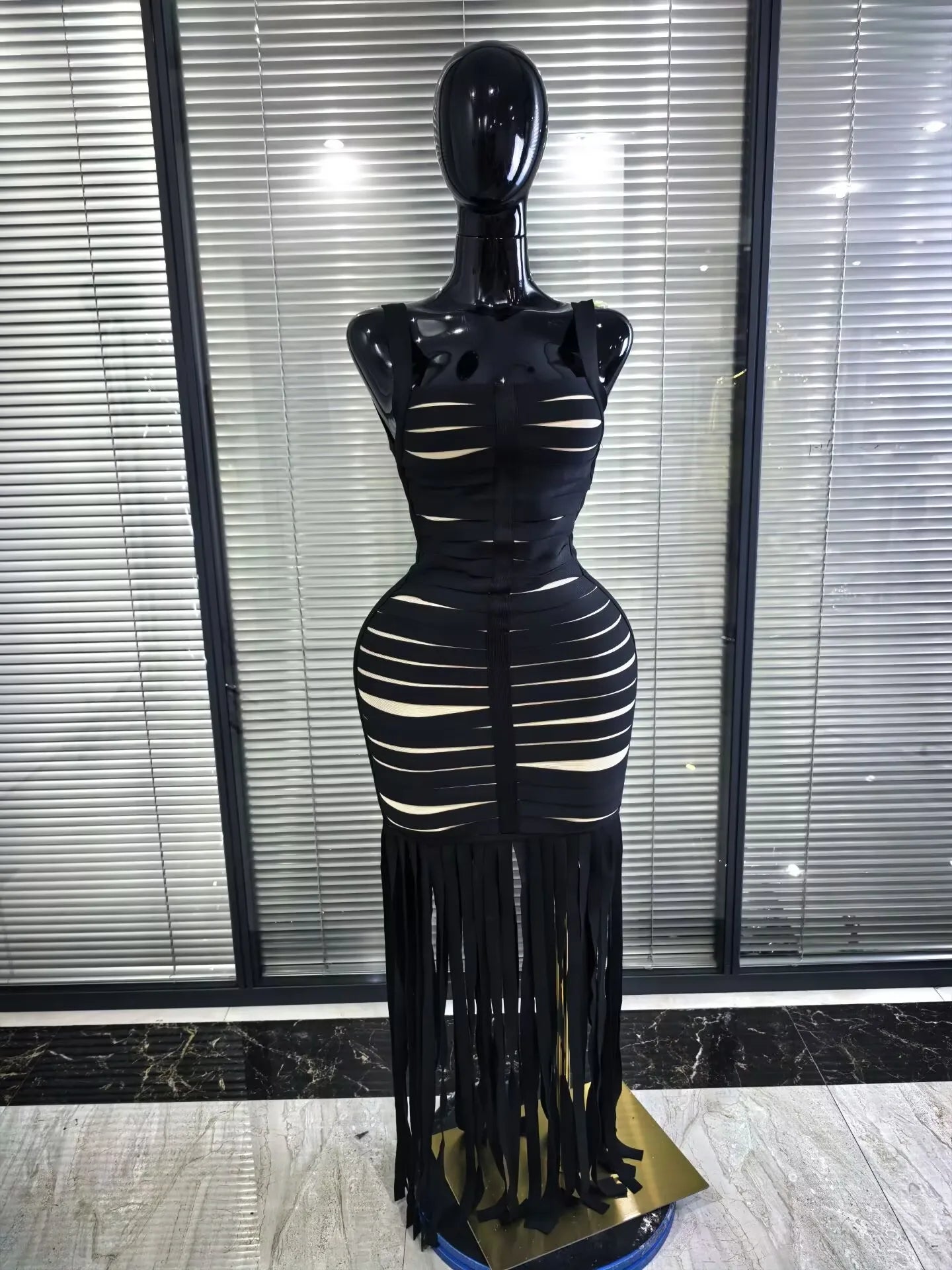 Black Color Women Sleeveless Sexy Square Collar Bodycon Fringes Bandage Long Dress Elegant Evening Party Celebrate Outfit