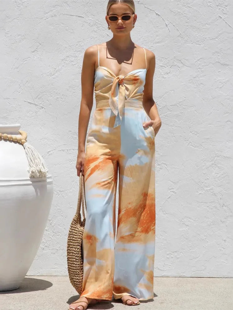 Printed Spaghetti Strap Bowknot High Waist Jumpsuit for Women