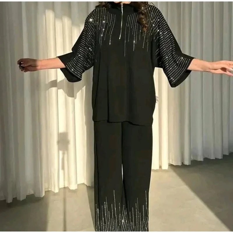Elegant Casual Sequin Two Piece Top And Pants Set For Women