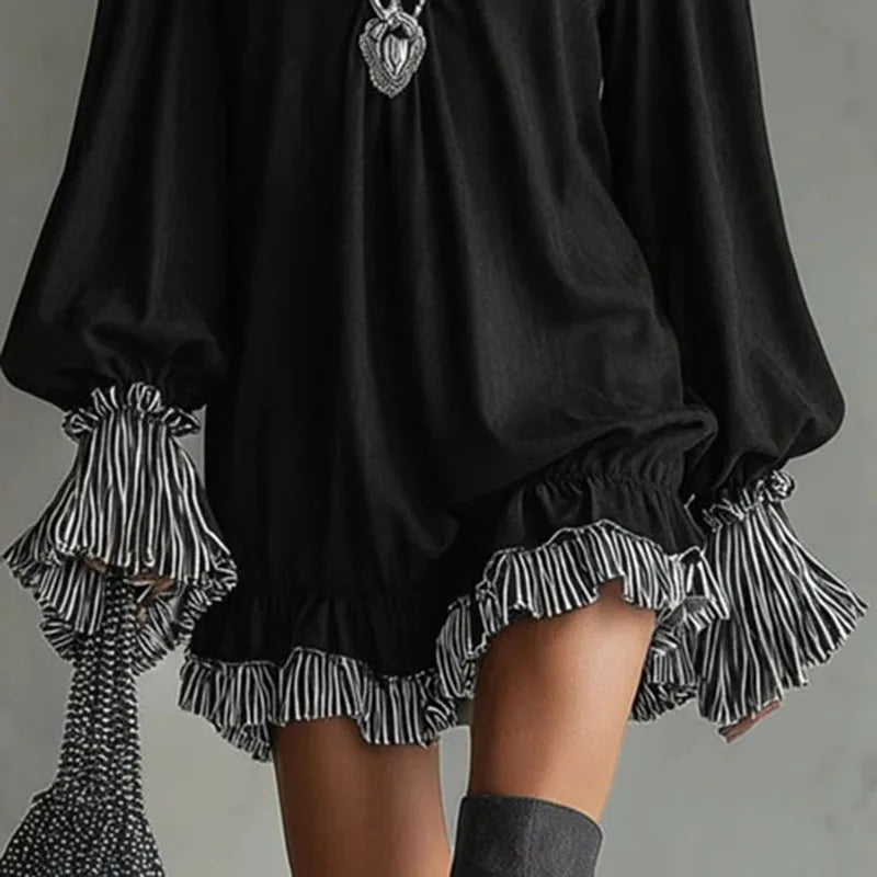 Retro Striped Ruffle Long Sleeve Mini Dress For Women