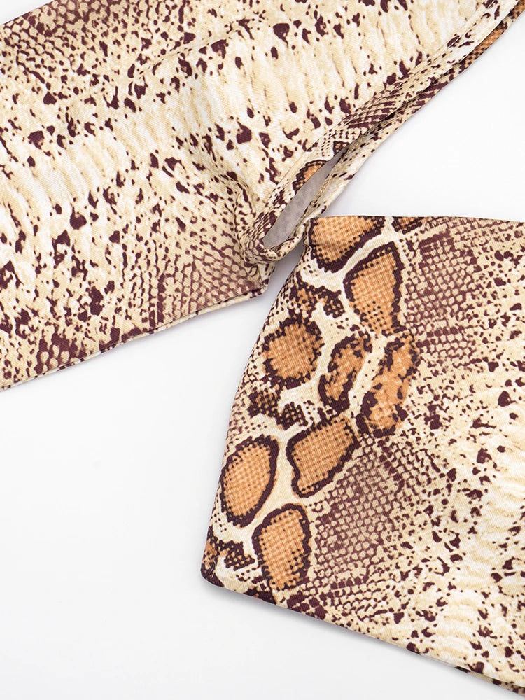 Snake Print Backless Crop Top and Leggings Two-Piece Set for Women