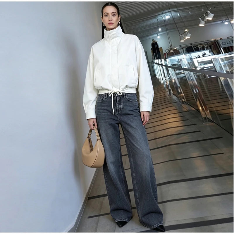 Casual Solid Jacket With Stand Collar And Pockets for Women