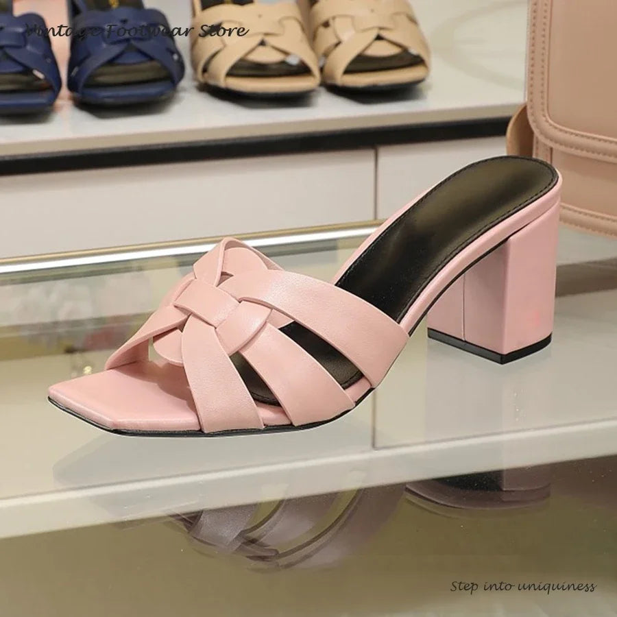 Interwoven Strap Square Toe Block Heel Mules for Women