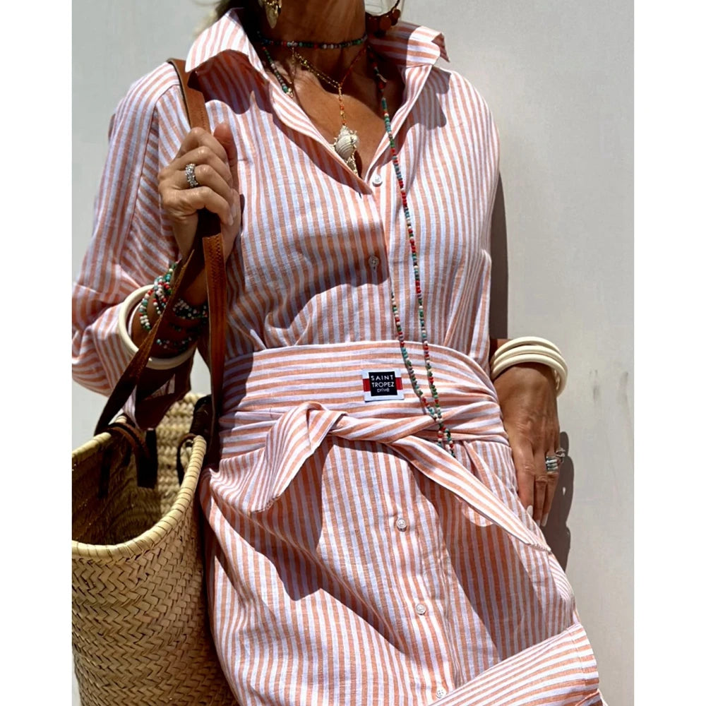 2025 Summer New Women's Stripe Lapel Half Sleeve Shirt Dress Turn-down Collar Button Front Midi Dress With Belt