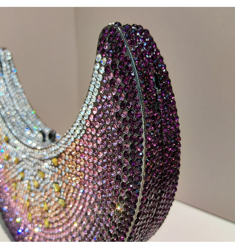 Moon Shaped Diamond Evening Bag with Watermelon Rhinestones for Women