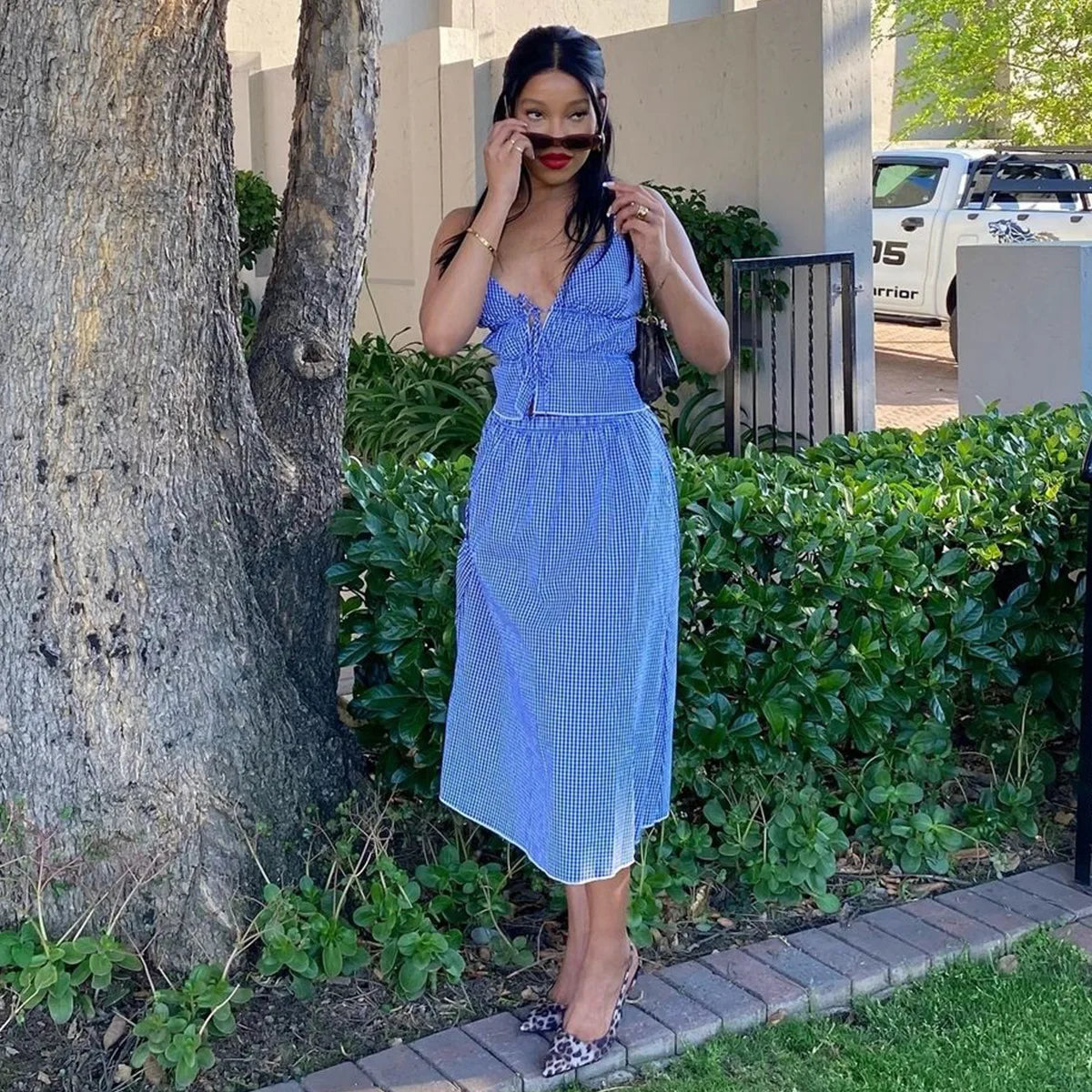 Y2K Striped Printed Lace Up Sleeveless Cropped Top Two Piece Set for Women