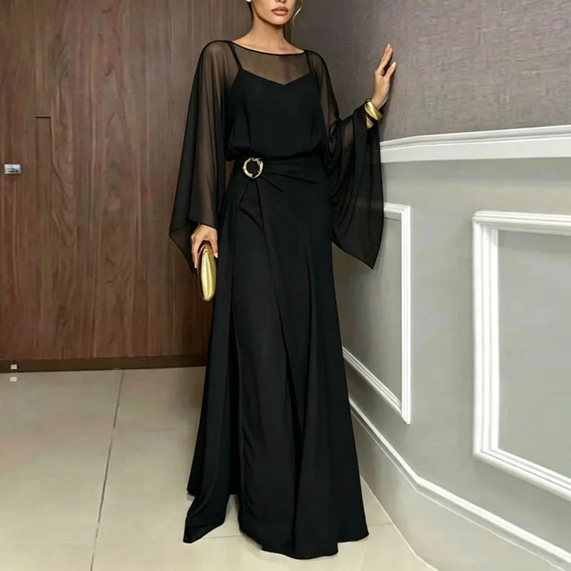 Sheer Flare Sleeve Two Piece Jumpsuit Set for Women
