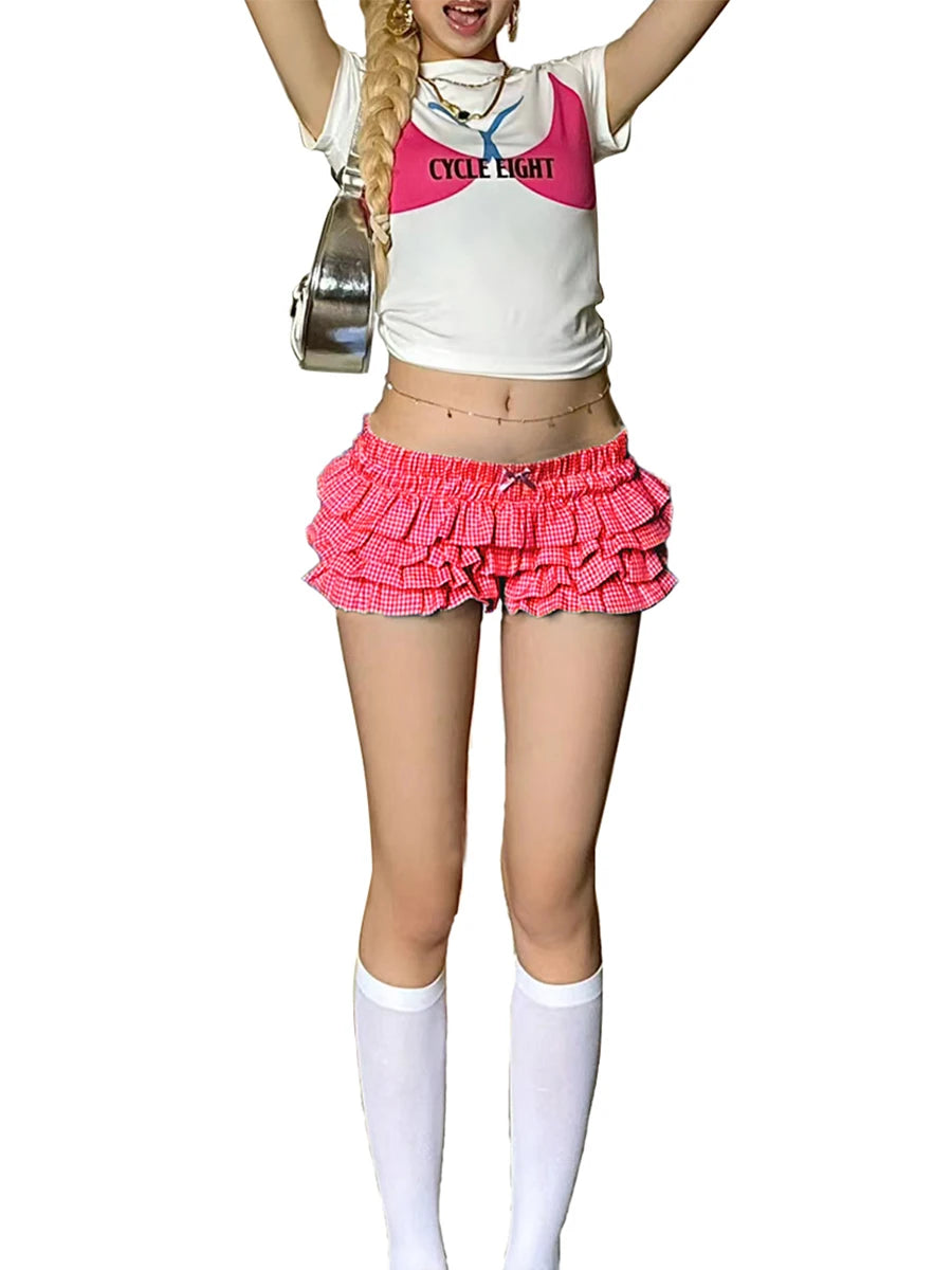 Layered Ruffle Elastic Waist Plaid Shorts for Women