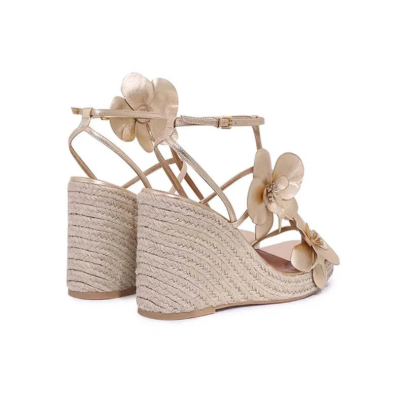 Gold Flower Woven High Heel Sandals