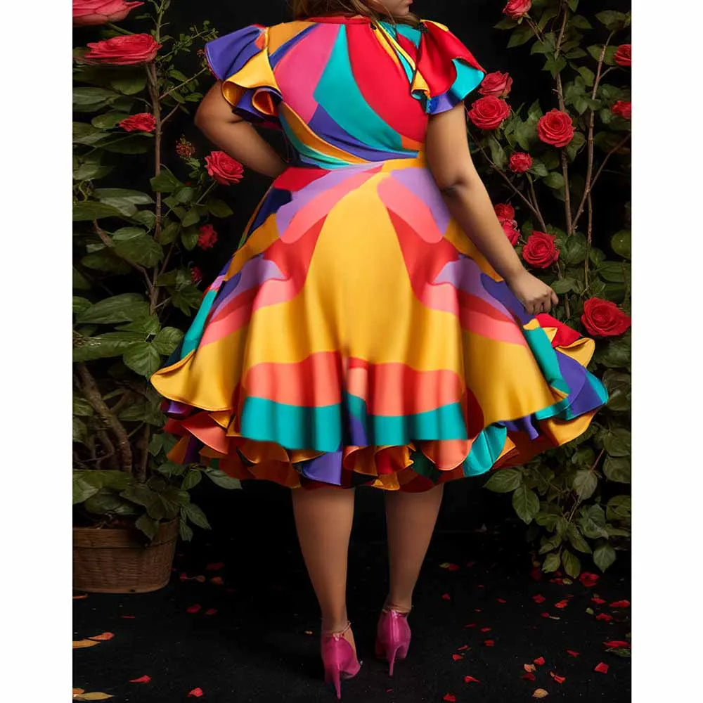 Plus Size Vintage Satin Colorblock Dress