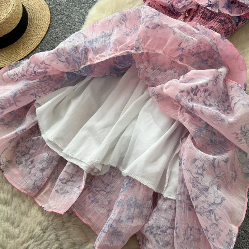 Boho Summer Floral Ruffle Cutout Mini Dress for Women