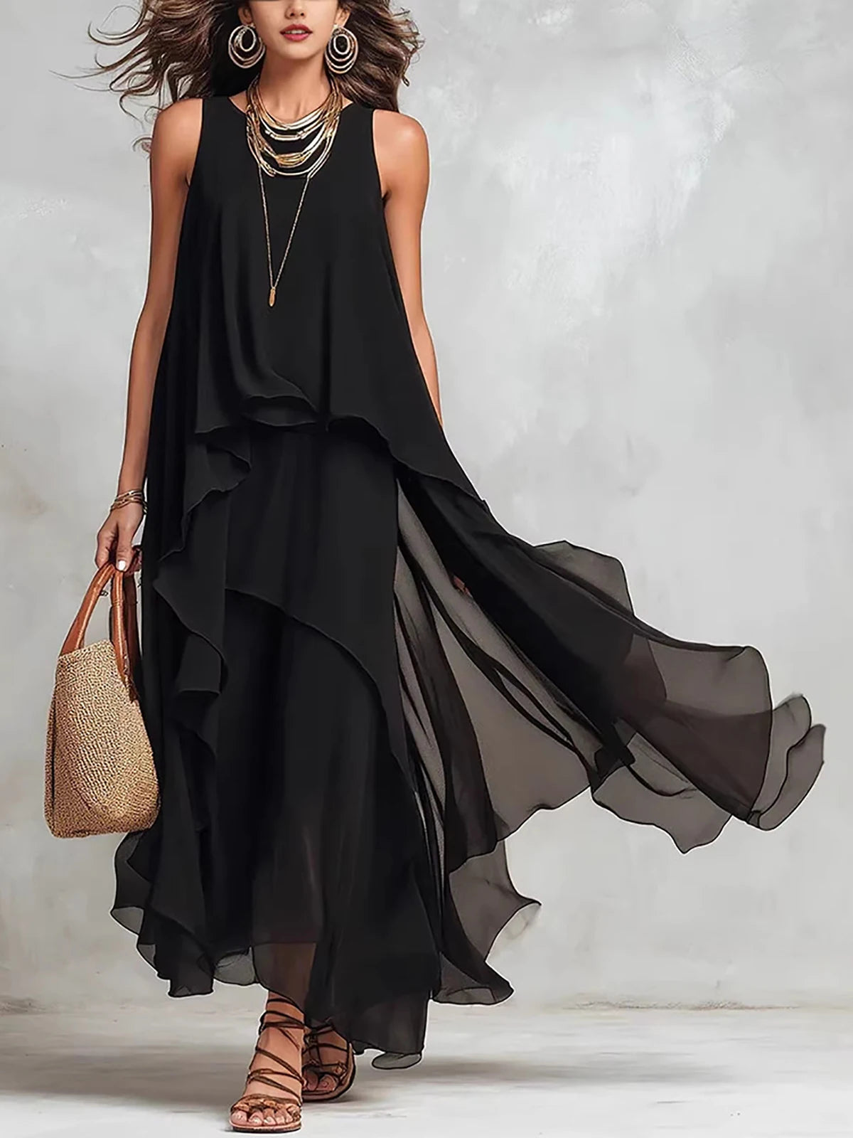 Boho Chiffon Tiered Asymmetrical Maxi Dress For Women