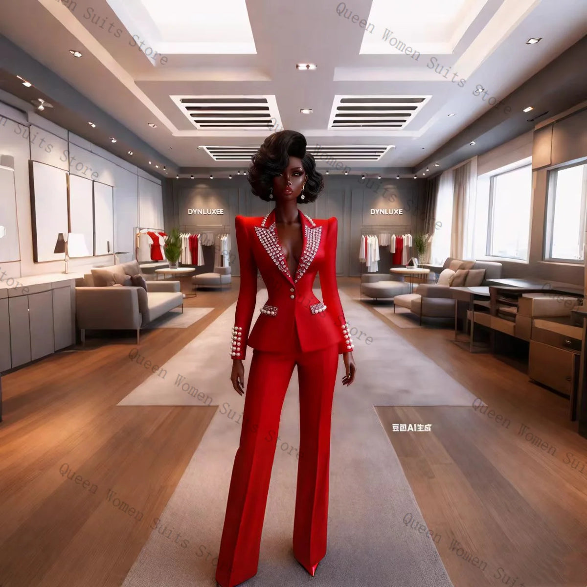 Classic Red Cotton Single Breasted Two Piece Suit For Women