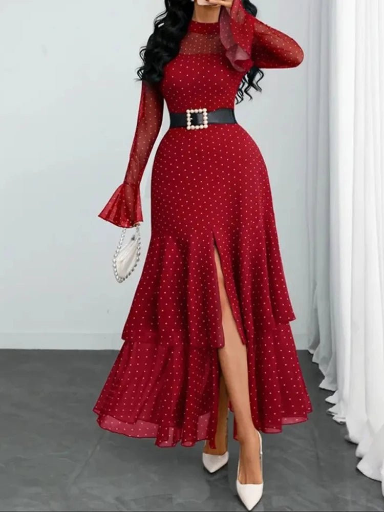 Pleated Polka Dot Ruffle Sleeve Maxi Dress for Women